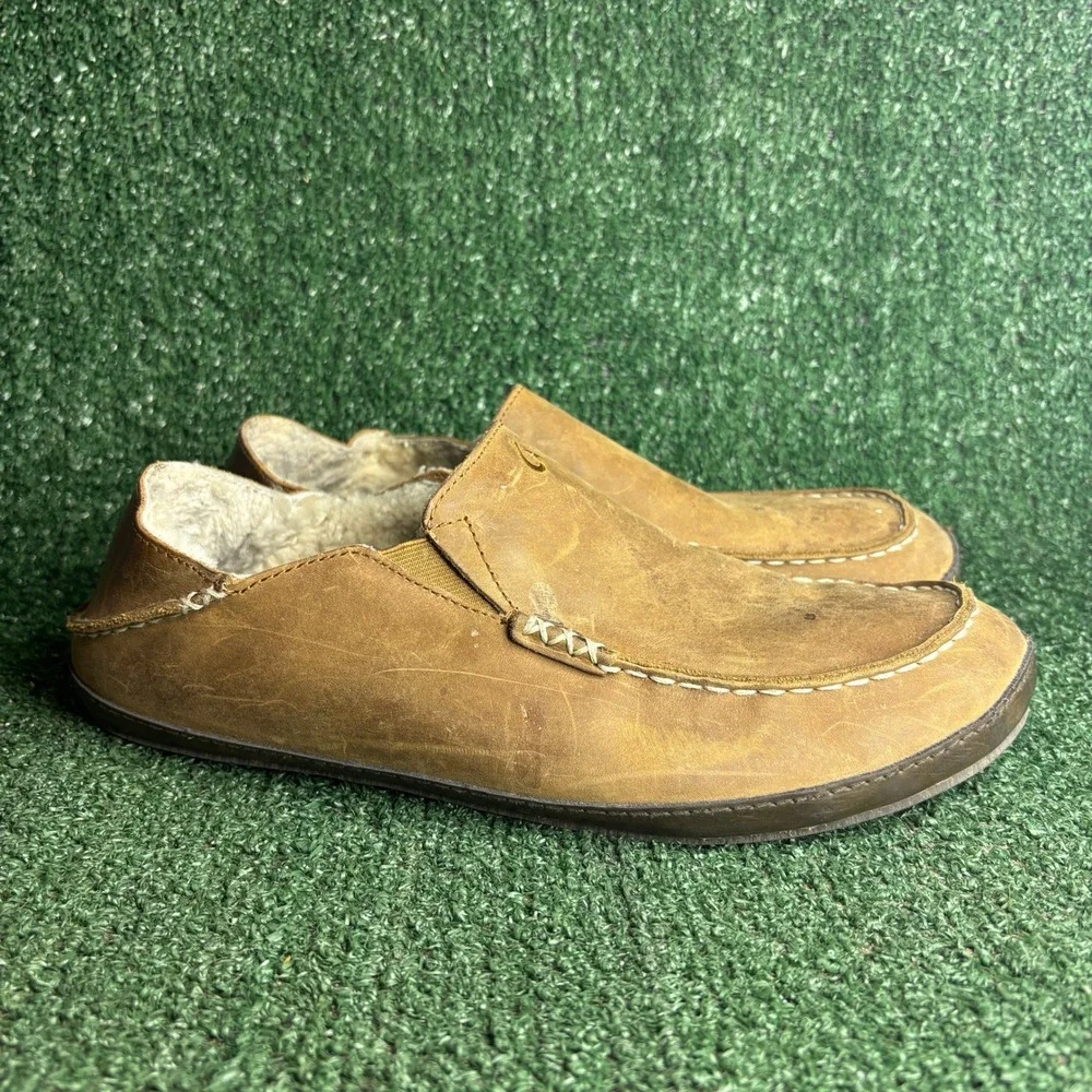 OluKai Moloa Wool Shearling Leather Slipper Drop-In Heel Casual Tan Mens Size 12
